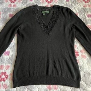 Lauren Ralph Lauren Black Cashmere Silk Lace V-Neck Sweater Beaded Detail Medium